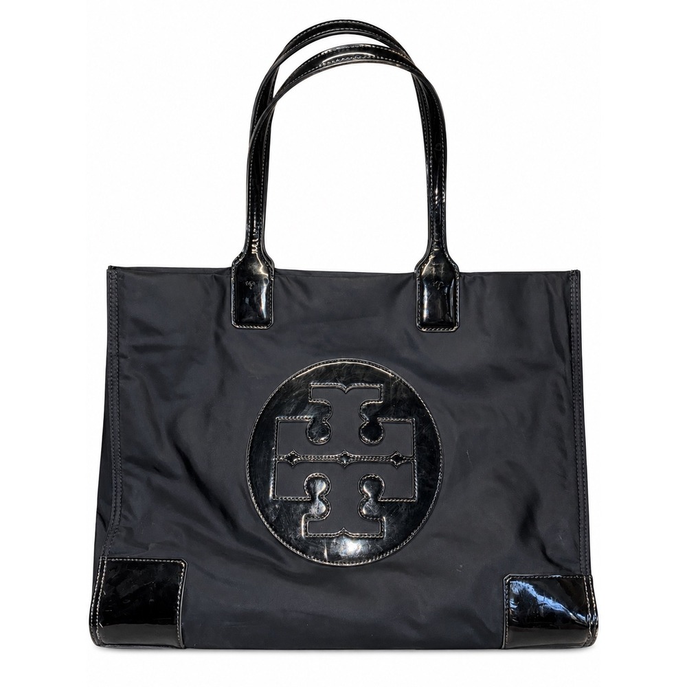 Tory Burch Ella Tote Bag Black Nylon Patent Leather Large